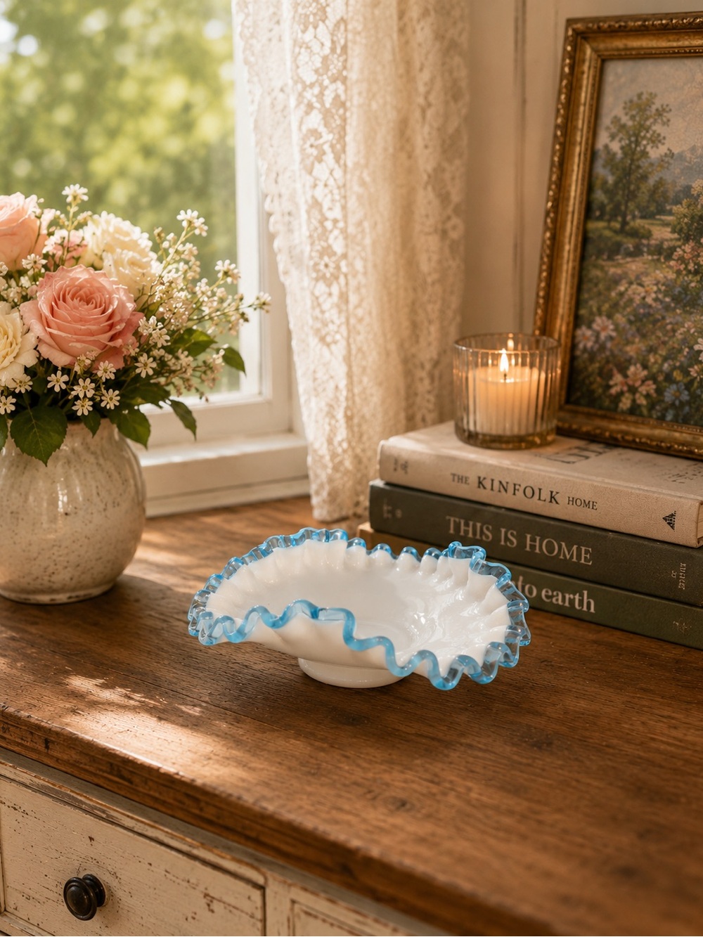 Vintage Fenton Aqua Crest milk glass bowl